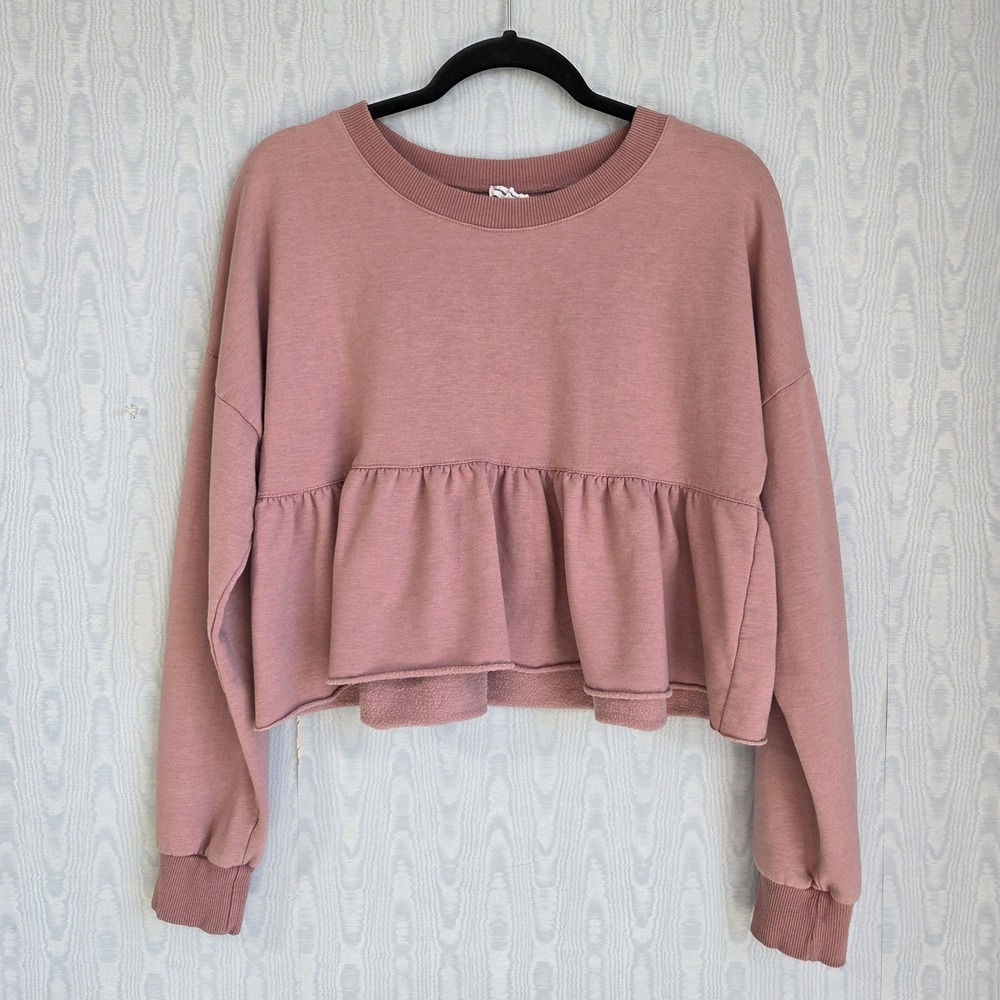 Don't Ask Why Women's One Size Sweatshirt Cropped Babydoll Ruffle Pink Boho Chic